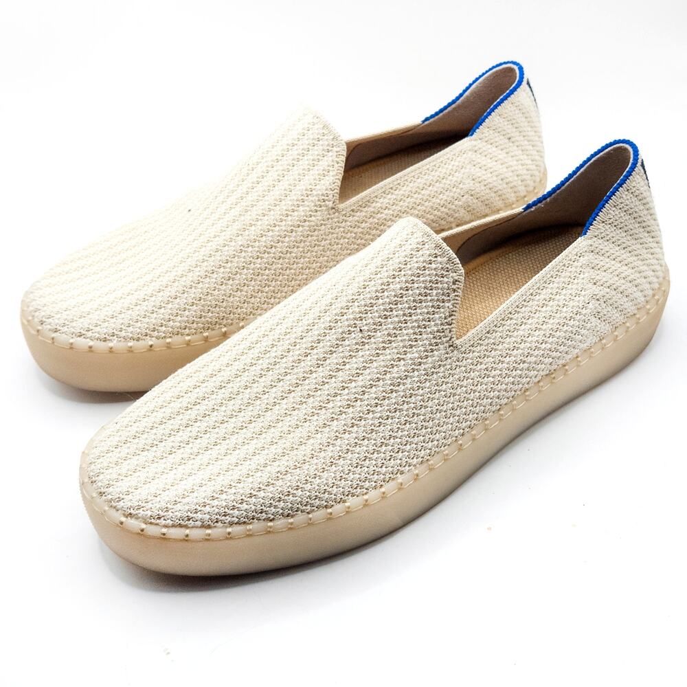 Rothy's Cream Knit Slip-On Flats with Blue Trim